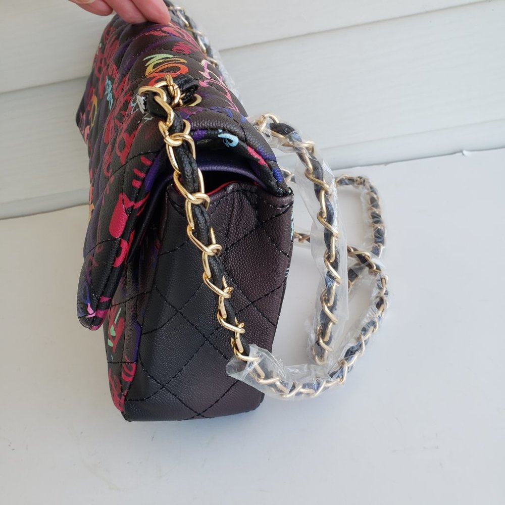New Graffiti Print Vinyl Handbag with Chain Crossbody Strap - Picture 6 of 7